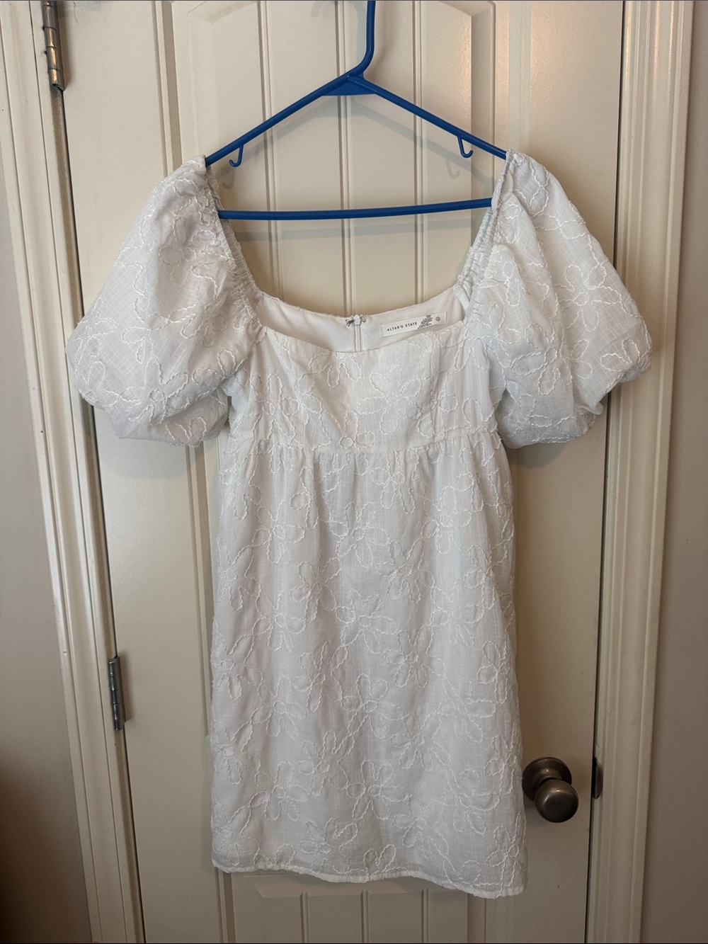 Altar'd State White Puff Sleeve Eyelet Mini Dress